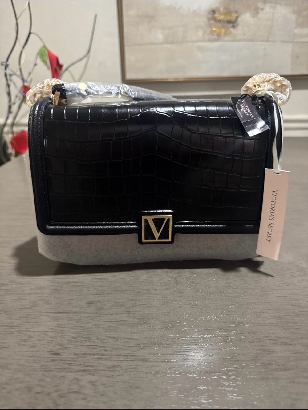 Victoria's Secret Black Croc-Embossed Shoulder Bag with Gold V Accent
